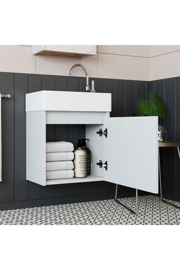 ROOMART Ayaksız Tek Kapaklı Lavabolu Mat Beyaz 50 Cm Banyo Dolabı Aynalı Üst Dolabı Boy Dolabı - 3