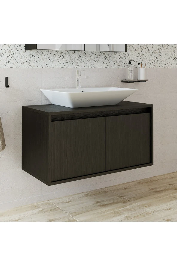 Roomart Ayaksız 2 Kapaklı Lavabolu Ahşap Siyah Suntalam 85 Cm Banyo Dolabı - 4