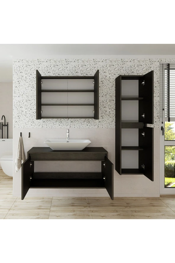 ROOMART Lavabolu Ahşap Siyah Suntalam 100 Cm Banyo Dolabı Aynalı Banyo Üst Dolap Banyo Dolabı - 5