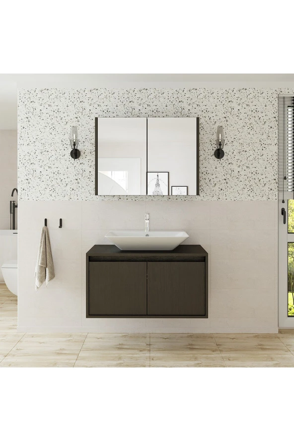 ROOMART Lavabolu Mat Ahşap Siyah Suntalam 85 cm Banyo Dolabı + Aynalı Banyo Üst Dolabı