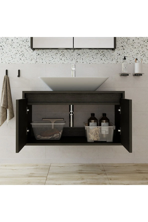 Roomart Ayaksız 2 Kapaklı Lavabolu Ahşap Siyah Suntalam 85 Cm Banyo Dolabı - 2