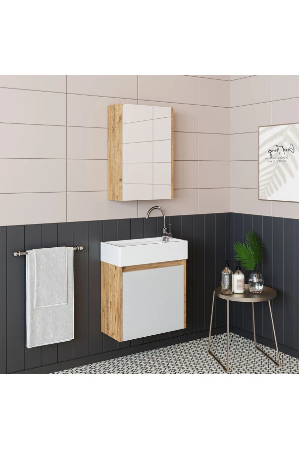 ROOMART Ayaksız Tek Kapaklı Lavabolu 50 Cm Banyo Dolabı Aynalı Üst Dolabı 1954 - Resim 4