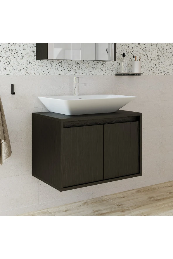 ROOMART Ayaksız 2 Kapaklı Lavabolu Ahşap Siyah Suntalam 65 cm Banyo Dolabı - Resim 4