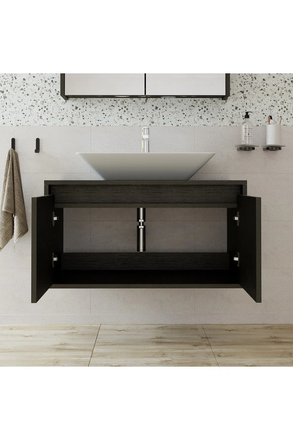 Roomart Ayaksız 2 Kapaklı Lavabolu Ahşap Siyah Suntalam 85 Cm Banyo Dolabı - 3