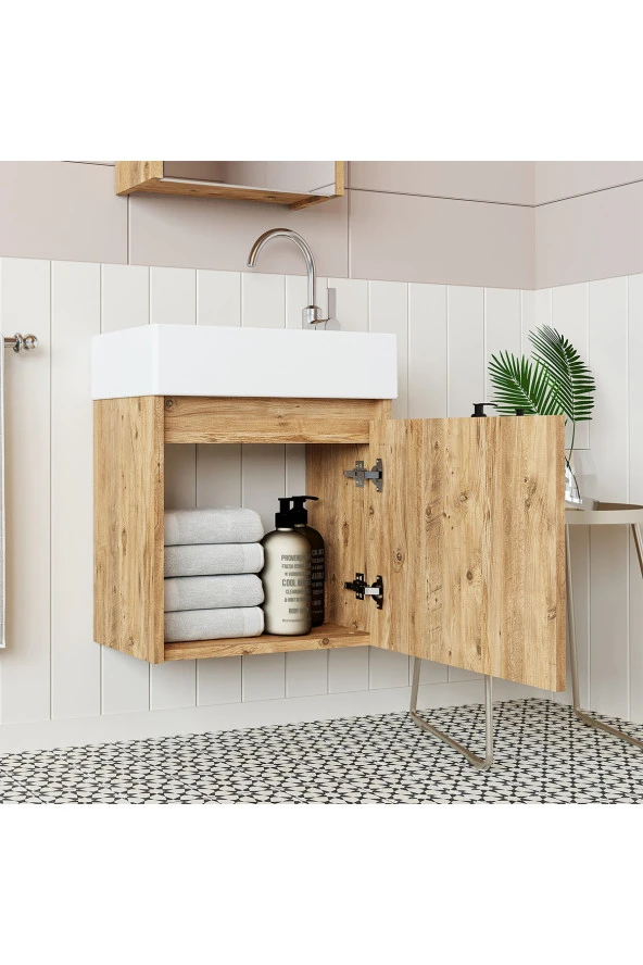 ROOMART Ayaksız Tek Kapaklı Lavabolu 50 Cm Banyo Dolabı+aynalı Üst Dolabı - 3