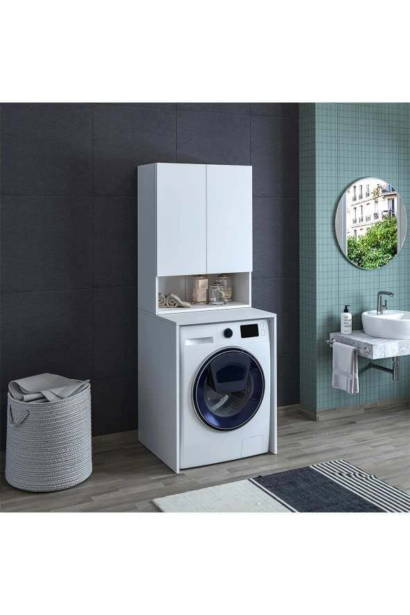 ROOMART Cd7 Çok Amaçlı Banyo Üst Dolaplı Çamaşır Makinesi Dolabı Takımı - Mat Beyaz - 5