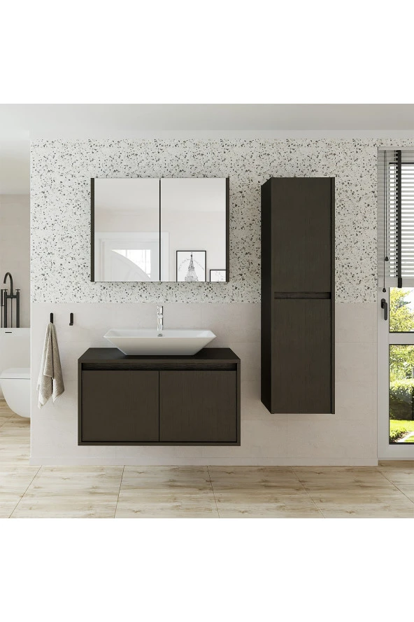 ROOMART Lavabolu Ahşap Siyah Suntalam 85 Cm Banyo Dolabı+aynalı Banyo Üst Dolabı+Boy Dolabı