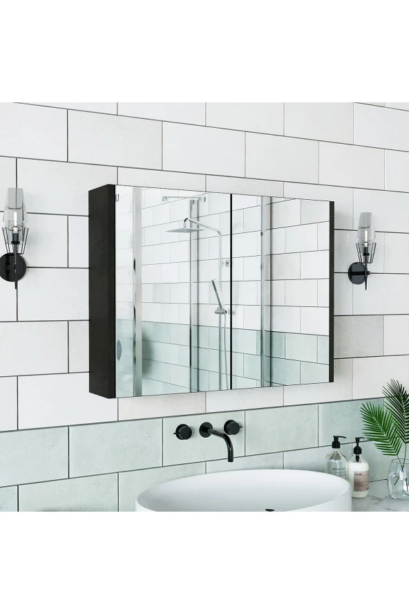 Roomart Ad7 Kulpsuz 2 Kapaklı Ahşap Siyah Suntalam 80 Cm Aynalı Banyo Üst Dolabı - Resim 5