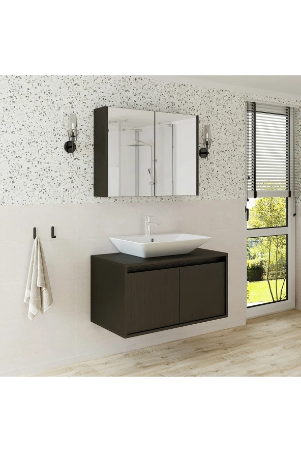ROOMART Lavabolu Mat Ahşap Siyah Suntalam 85 cm Banyo Dolabı + Aynalı Banyo Üst Dolabı - 4
