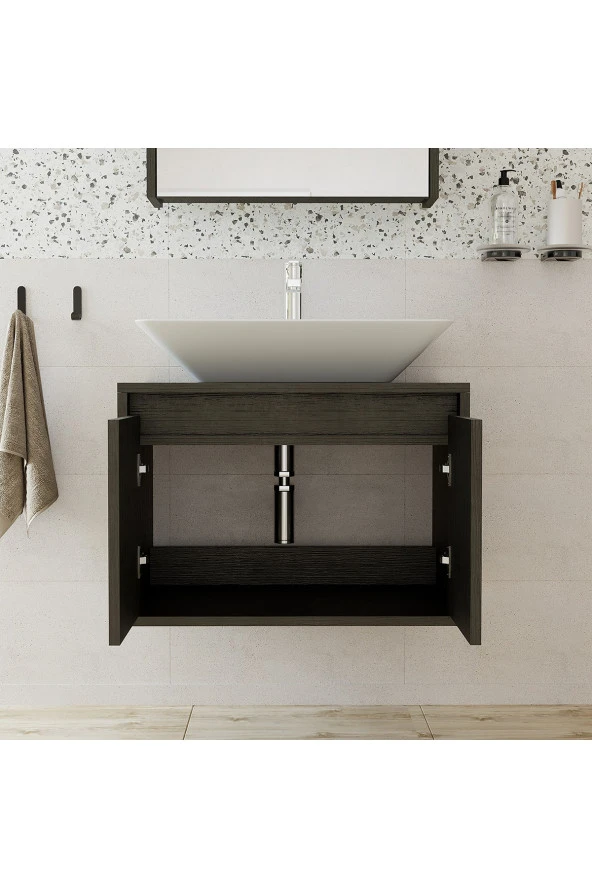 ROOMART Ayaksız 2 Kapaklı Lavabolu Ahşap Siyah Suntalam 65 cm Banyo Dolabı - Resim 5