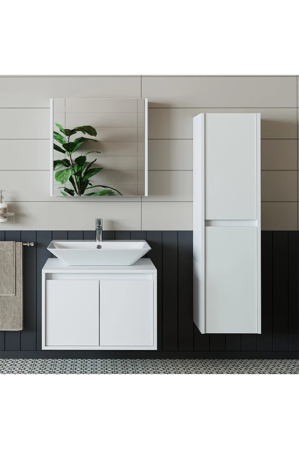 ROOMART Banos Banyo Lavabolu Mat Beyaz Mdf 65cm Banyo Dolabı+Aynalı Banyo Üst Dolap+Banyo Boy Dolap