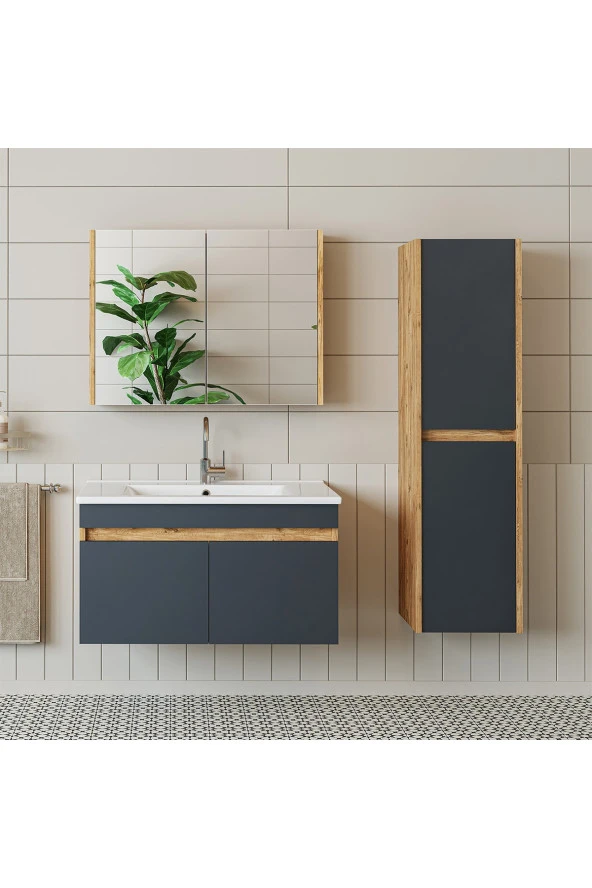 ROOMART  Lavabolu  Atlantik - Antrasit Mat Mdf 85 Cm Alt Dolap Aynalı Üst Dolap Boy Dolap