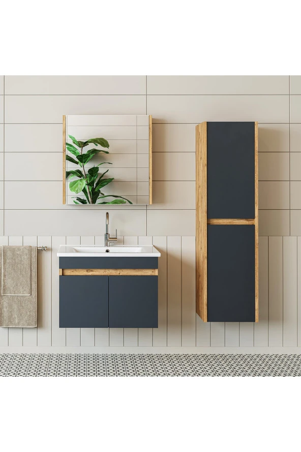 ROOMART  Lavabolu  Atlantik - Antrasit Mat Mdf 65 Cm Alt Dolap Aynalı Üst Dolap Boy Dolap