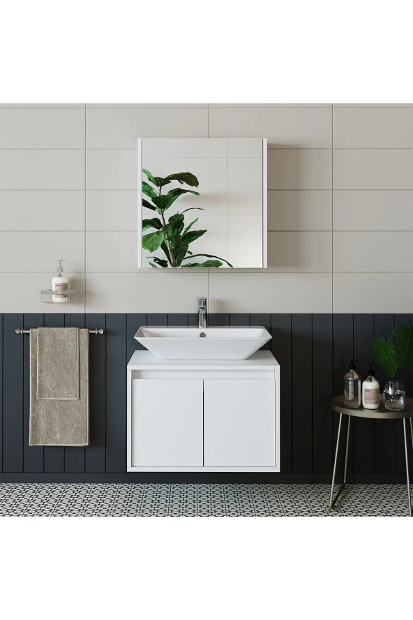 ROOMART Banos Banyo Tm7.2 Lavabolu Mat Beyaz Mdf 65 Cm Banyo Dolabı + Aynalı Banyo Üst Dolabı