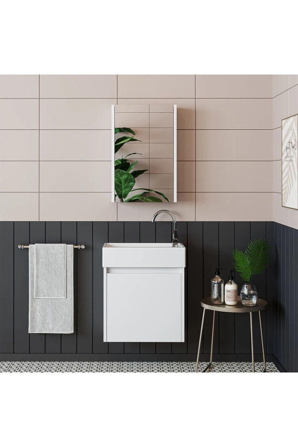 ROOMART Ayaksız Tek Kapaklı Lavabolu Mat Beyaz 50 Cm Banyo Dolabı Aynalı Üst Dolabı ürün görseli