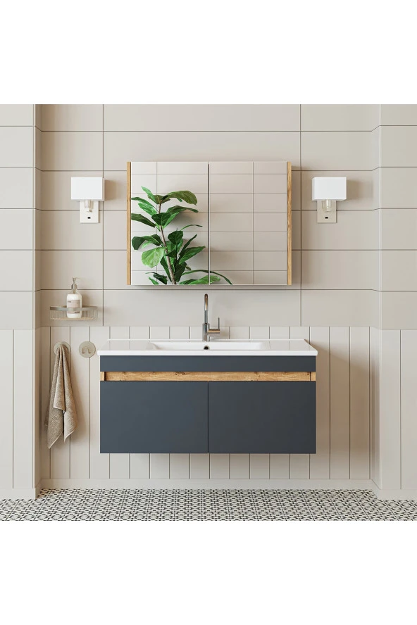 ROOMART  Lavabolu  Atlantik - Antrasit Mat Mdf 100 Cm Dolap Aynalı Üst Dolabı