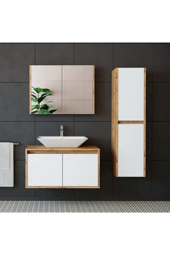 ROOMART Roomarttm7.3 Lavabolu Ahşap-mat Beyaz Mdf 85 Cm Banyo Dolabı+aynalı Banyo Üst Dolabı+boy Dolabı