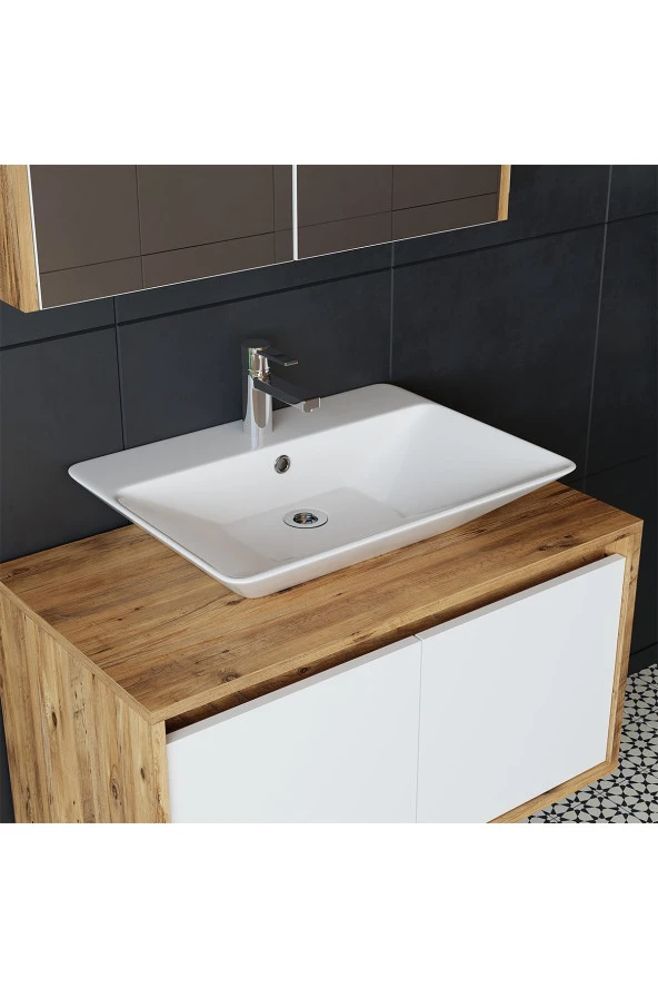 ROOMART Roomart Ld7 Ayaksız 2 Kapaklı Lavabolu Ahşap-mat Beyaz Mdf 85 Cm Banyo Dolabı ürün görseli 1