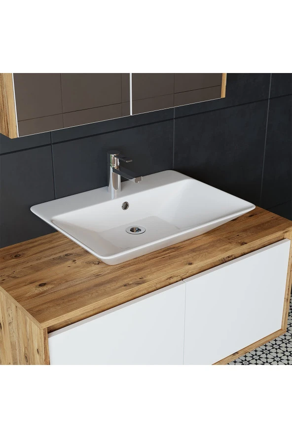 ROOMART Ld7 Ayaksız 2 Kapaklı Lavabolu Ahşap-mat Beyaz Mdf 100 Cm Banyo Dolabı - Resim 2