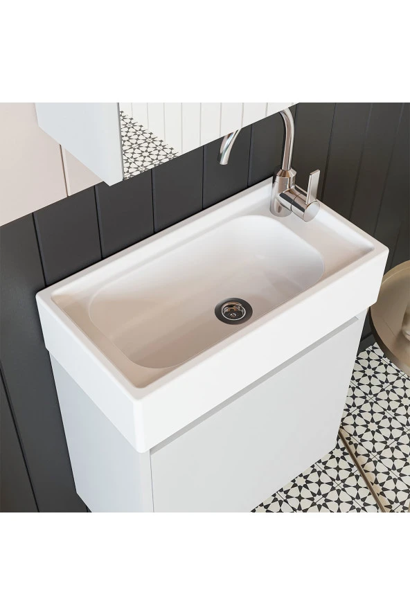 ROOMART Ayaksız Tek Kapaklı Lavabolu Mat Beyaz 50 Cm Banyo Dolabı Aynalı Üst Dolabı - Resim 2