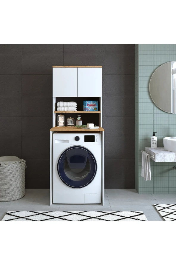 ROOMART Cd9 Çamaşır-kurutma Makinesi Dolabı 3 Raflı 2 Kapaklı Banyo Dolabı Mat Beyaz-ahşap 1712 - 2
