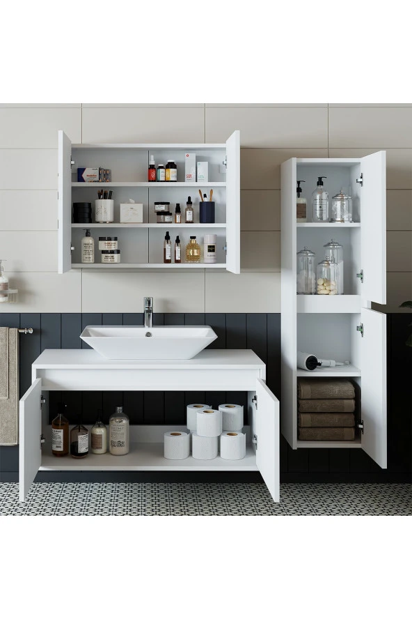 ROOMART Banos Banyo Lavabolu Mat Beyaz Mdf 100cm Banyo Dolabı+aynalı Banyo Üst Dolap+Banyo Boy Dolap - 2