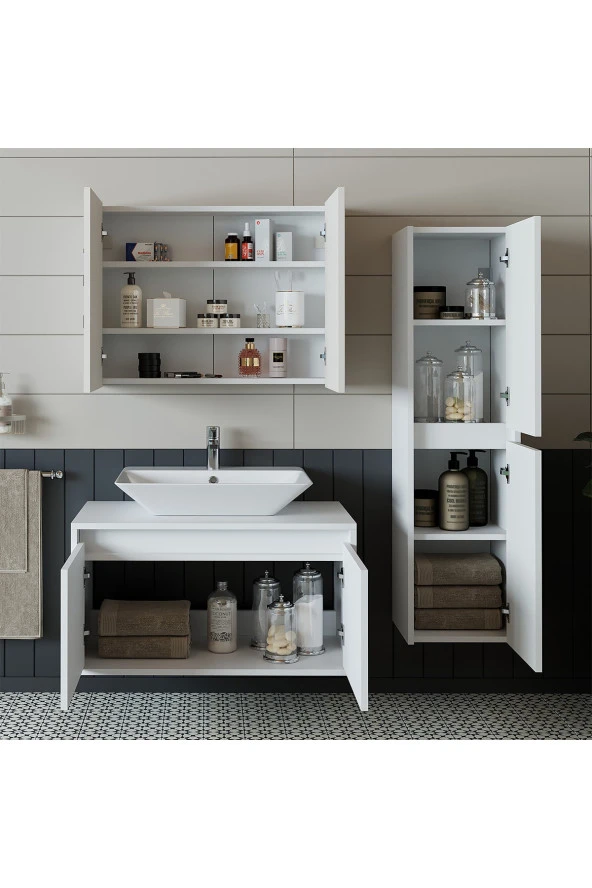 ROOMART Banos Banyo Lavabolu Mat Beyaz Mdf 85 Cm Banyo Dolabı+aynalı Banyo Üst Dolap+banyo Boy Dolap