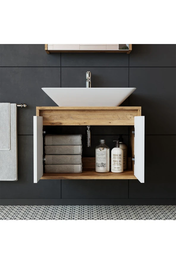 ROOMART Roomart Tm7.2 Ayaksız 2 Kapaklı Lavabolu Ahşap-mat Beyaz Mdf 65 Cm Banyo Dolabı+aynalı Üst Dolabı - 3