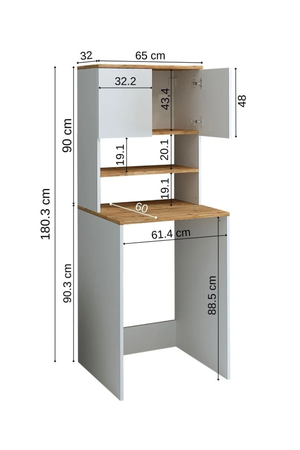 ROOMART Cd9 Çamaşır-kurutma Makinesi Dolabı 3 Raflı 2 Kapaklı Banyo Dolabı Mat Beyaz-ahşap 1712 - 3
