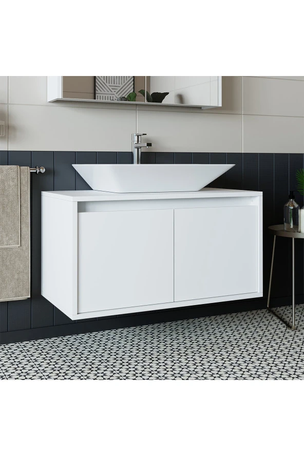 ROOMART Banos Banyo Ld7 Ayaksız 2 Kapaklı Lavabolu Mat Beyaz Mdf 85 Cm Banyo Dolabı - 3