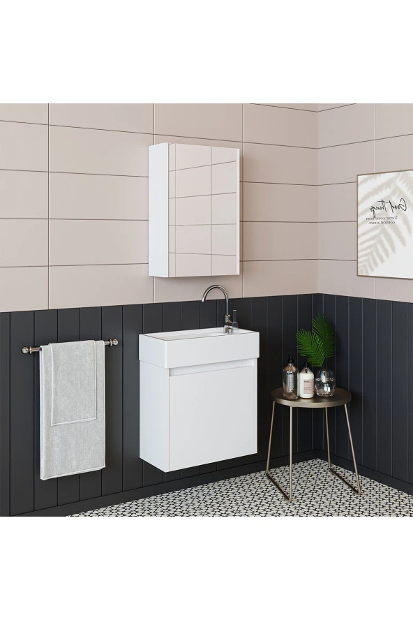 ROOMART Ayaksız Tek Kapaklı Lavabolu Mat Beyaz 50 Cm Banyo Dolabı Aynalı Üst Dolabı - Resim 5