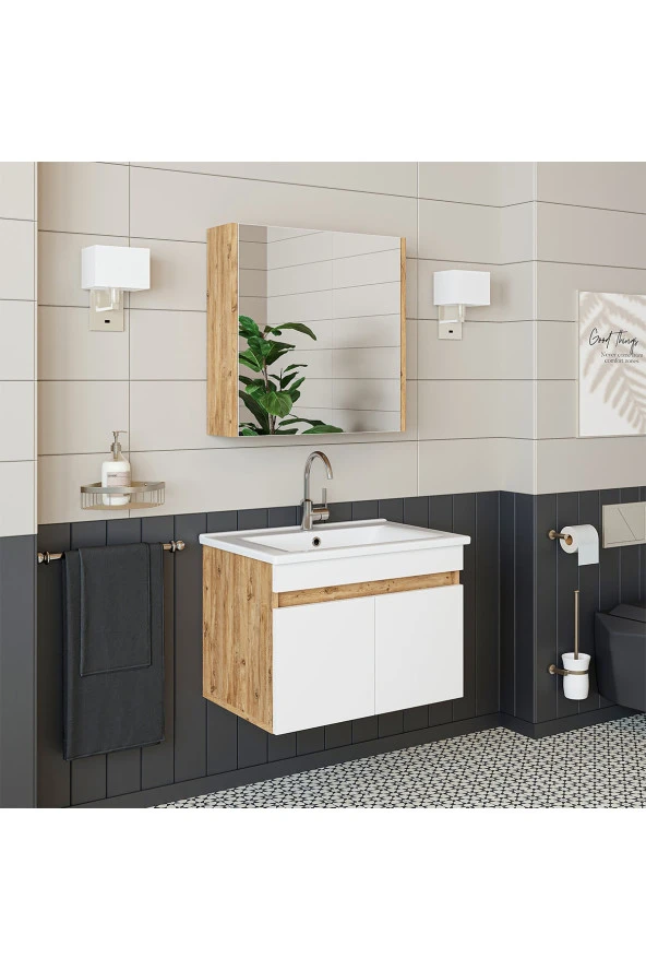 ROOMART  Lavabolu  Atlantik-beyaz Mat Mdf 65 Cm Banyo Alt Dolap + Aynalı Üst Dolap