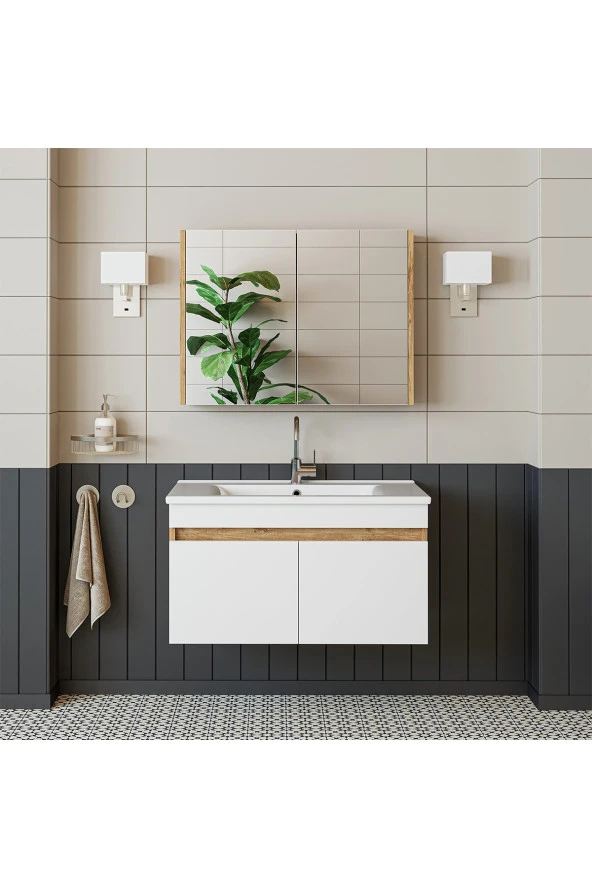 ROOMART  Lavabolu  Atlantik-beyaz Mat Mdf 85 Cm Banyo Alt Dolap + Aynalı Üst Dolap