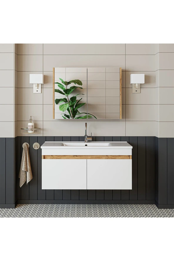 ROOMART  Lavabolu  Atlantik-beyaz Mat Mdf 100 Cm Banyo Alt Dolap + Aynalı Üst Dolap