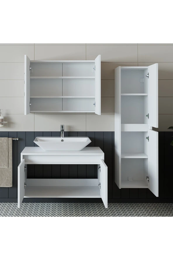 ROOMART Banos Banyo Lavabolu Mat Beyaz Mdf 85 Cm Banyo Dolabı+aynalı Banyo Üst Dolap+banyo Boy Dolap - 3