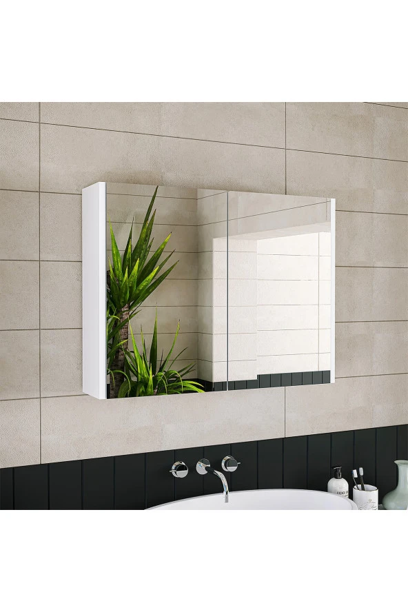 ROOMART Banos Banyo Ad7 Kulpsuz 2 Kapaklı Mat Beyaz Mdf 80 Cm Aynalı Banyo Üst Dolabı - 3