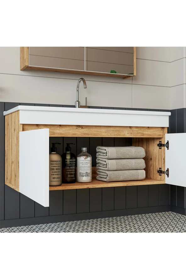 ROOMART  Lavabolu  Atlantik-beyaz Mat Mdf 100 Cm Banyo Alt Dolap + Aynalı Üst Dolap + Boy Dolap - 4