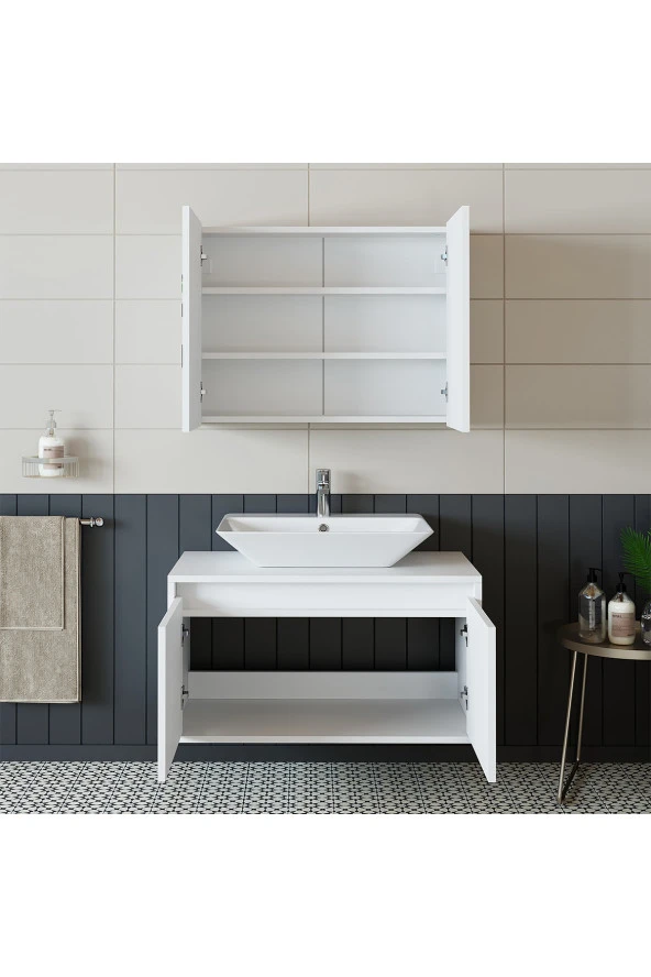 ROOMART Banos Banyo Tm7.2 Mat Beyaz Mdf 85 Cm Banyo Dolabı + Aynalı Banyo Üst Dolabı - 3