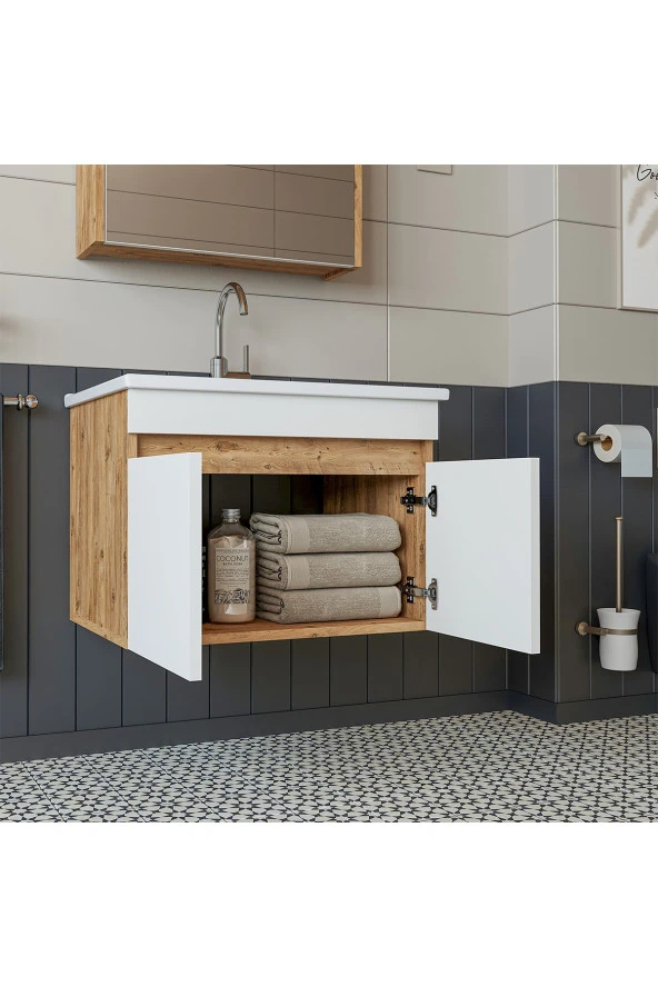 ROOMART  Lavabolu  Atlantik-beyaz Mat Mdf 65 Cm Banyo Alt Dolap + Aynalı Üst Dolap + Boy Dolap