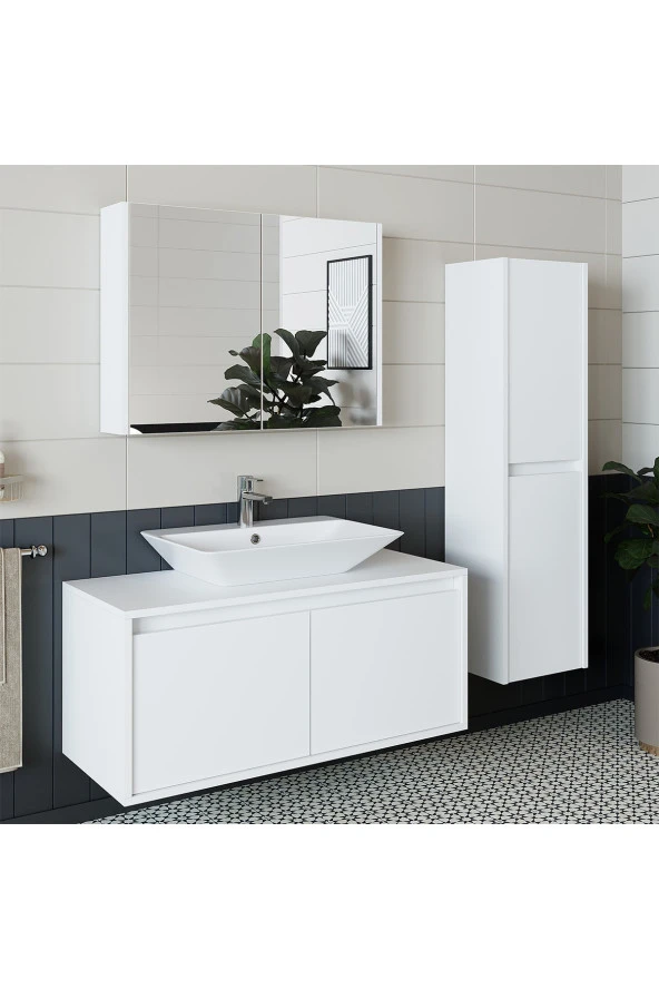 ROOMART Banos Banyo Lavabolu Mat Beyaz Mdf 100cm Banyo Dolabı+aynalı Banyo Üst Dolap+Banyo Boy Dolap - 4