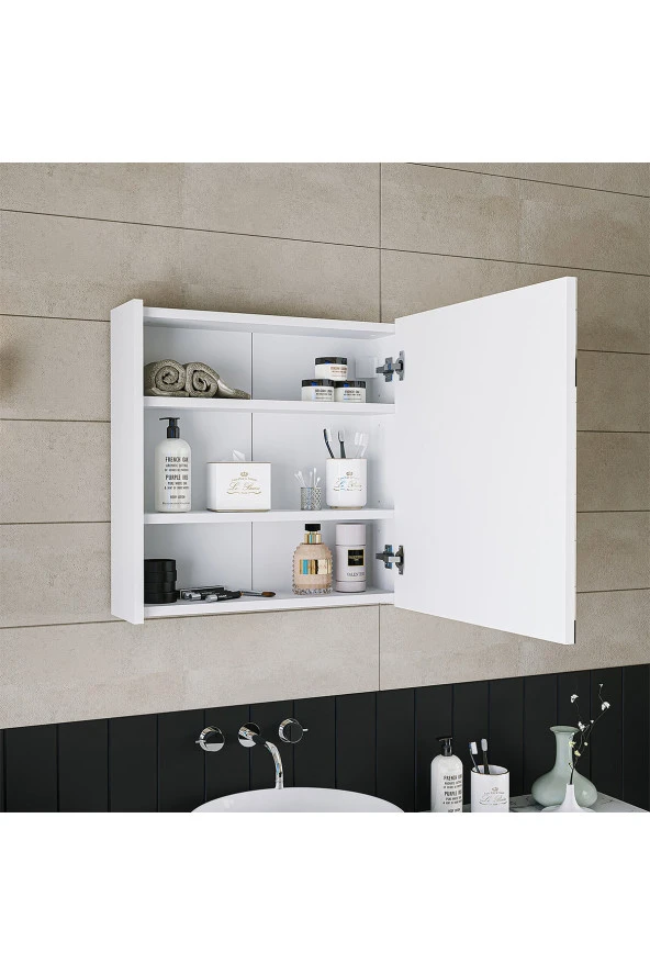 ROOMART Banos Banyo Ad7 Kulpsuz Tek Kapaklı Mat Beyaz Mdf 60 Cm Aynalı Banyo Üst Dolabı - 4