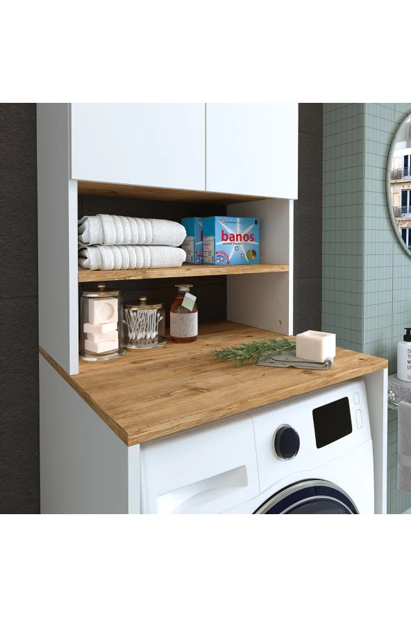 ROOMART Cd9 Çamaşır-kurutma Makinesi Dolabı 3 Raflı 2 Kapaklı Banyo Dolabı Mat Beyaz-ahşap 1712 - 4