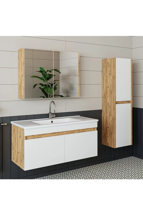 ROOMART  Lavabolu  Atlantik-beyaz Mat Mdf 100 Cm Banyo Alt Dolap + Aynalı Üst Dolap + Boy Dolap - 2