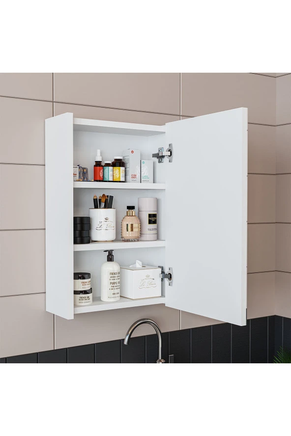 ROOMART Ayaksız Tek Kapaklı Lavabolu Mat Beyaz 50 Cm Banyo Dolabı Aynalı Üst Dolabı - Resim 4