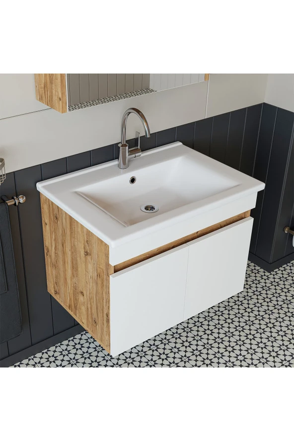 ROOMART  Lavabolu  Atlantik-beyaz Mat Mdf 65 Cm Banyo Alt Dolap + Aynalı Üst Dolap + Boy Dolap - 2