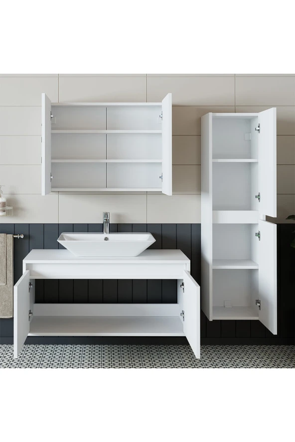 ROOMART Banos Banyo Lavabolu Mat Beyaz Mdf 100cm Banyo Dolabı+aynalı Banyo Üst Dolap+Banyo Boy Dolap - 5