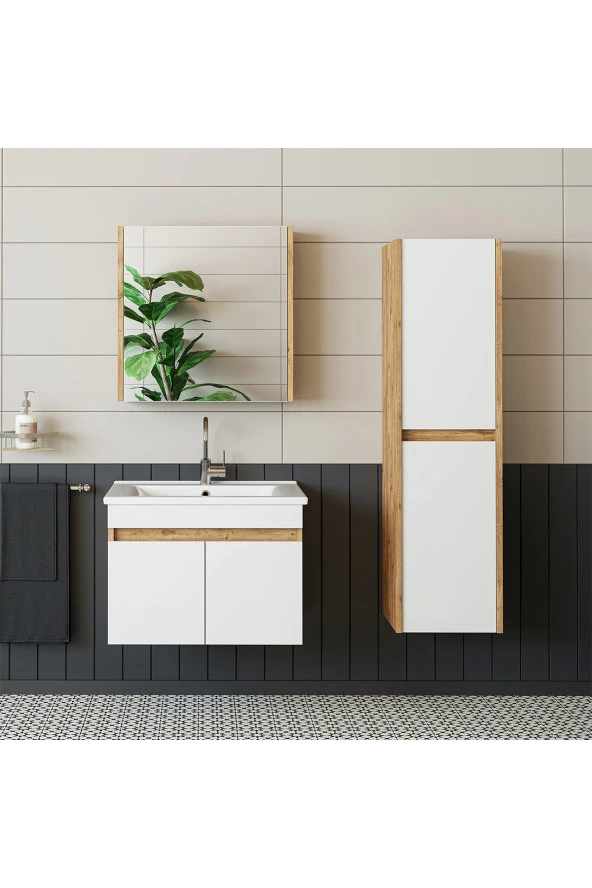 ROOMART  Lavabolu  Atlantik-beyaz Mat Mdf 65 Cm Banyo Alt Dolap + Aynalı Üst Dolap + Boy Dolap - 3