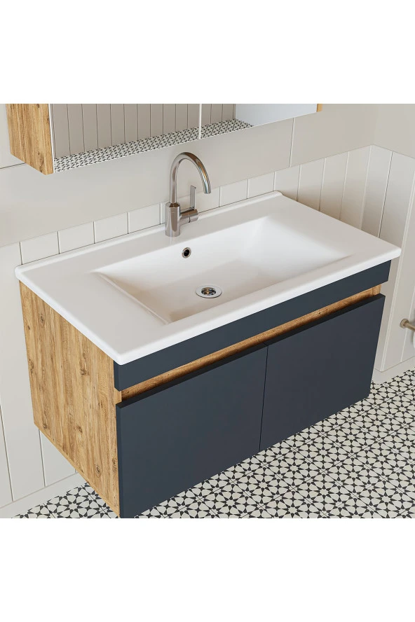 ROOMART  Lavabolu  Atlantik - Antrasit Mat Mdf 85 Cm Alt Dolap Aynalı Üst Dolap