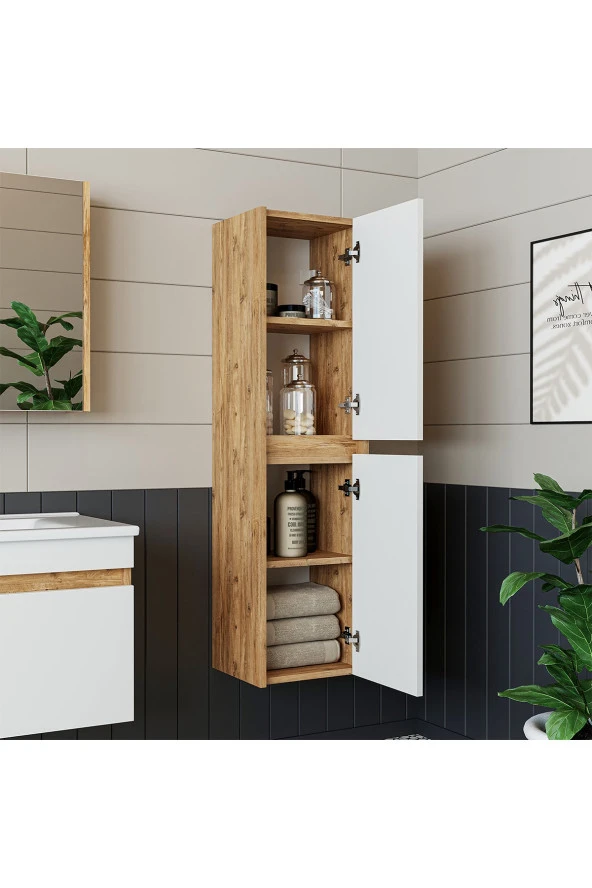 ROOMART  Lavabolu  Atlantik-beyaz Mat Mdf 65 Cm Banyo Alt Dolap + Aynalı Üst Dolap + Boy Dolap - 5