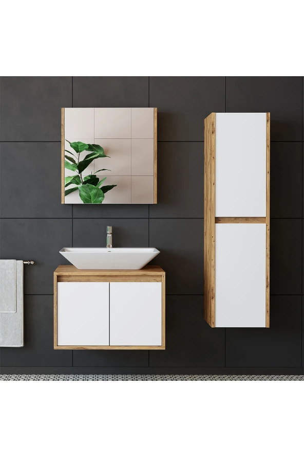 ROOMART Roomarttm7.3 Lavabolu Ahşap-mat Beyaz Mdf 65 Cm Banyo Dolabı+aynalı Üst Dolabı+ Boy Dolabı ürün görseli 1